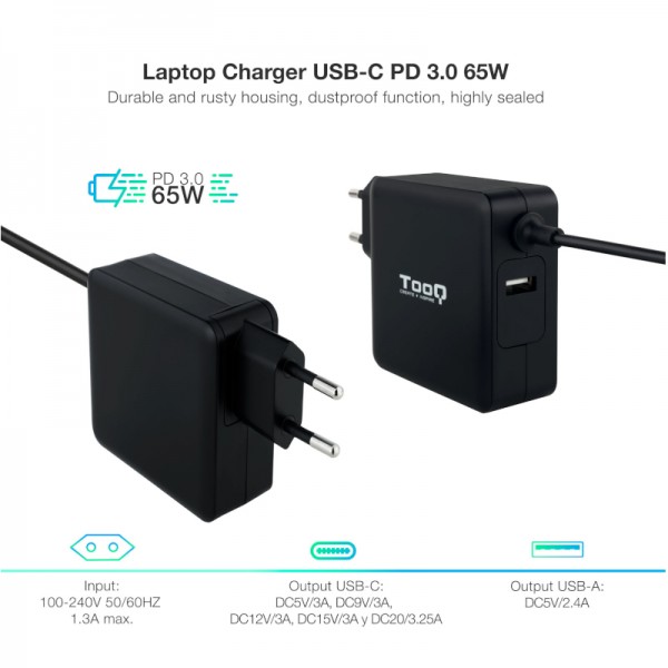 Tooq cargador portátil conector usb-c 65w