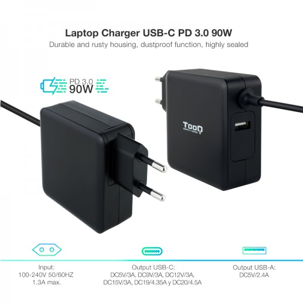 Tooq cargador portátil conector usb-c 90w