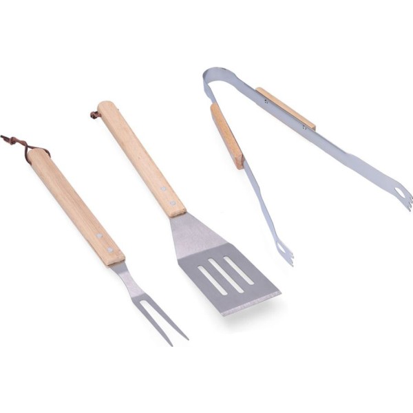Conjunto de 3 utensilios para barbacoa roble/acero inox